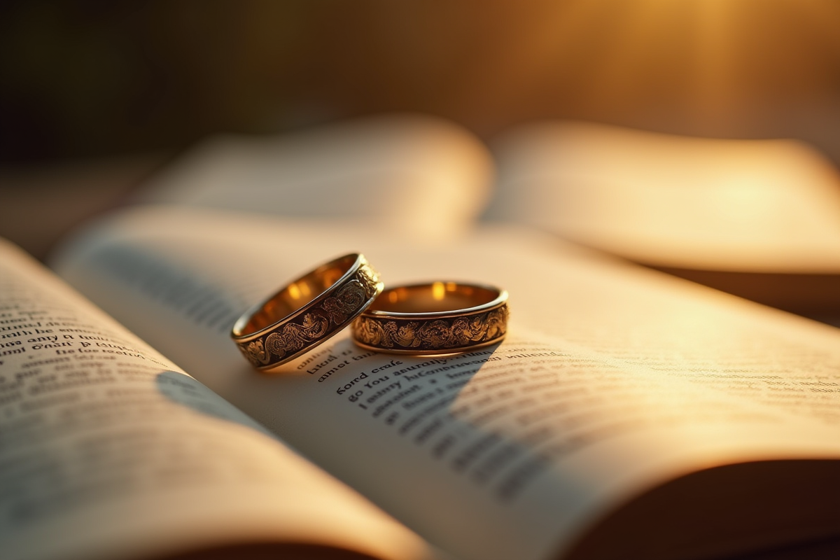 Alliances sur une page de Bible sous lumière dorée