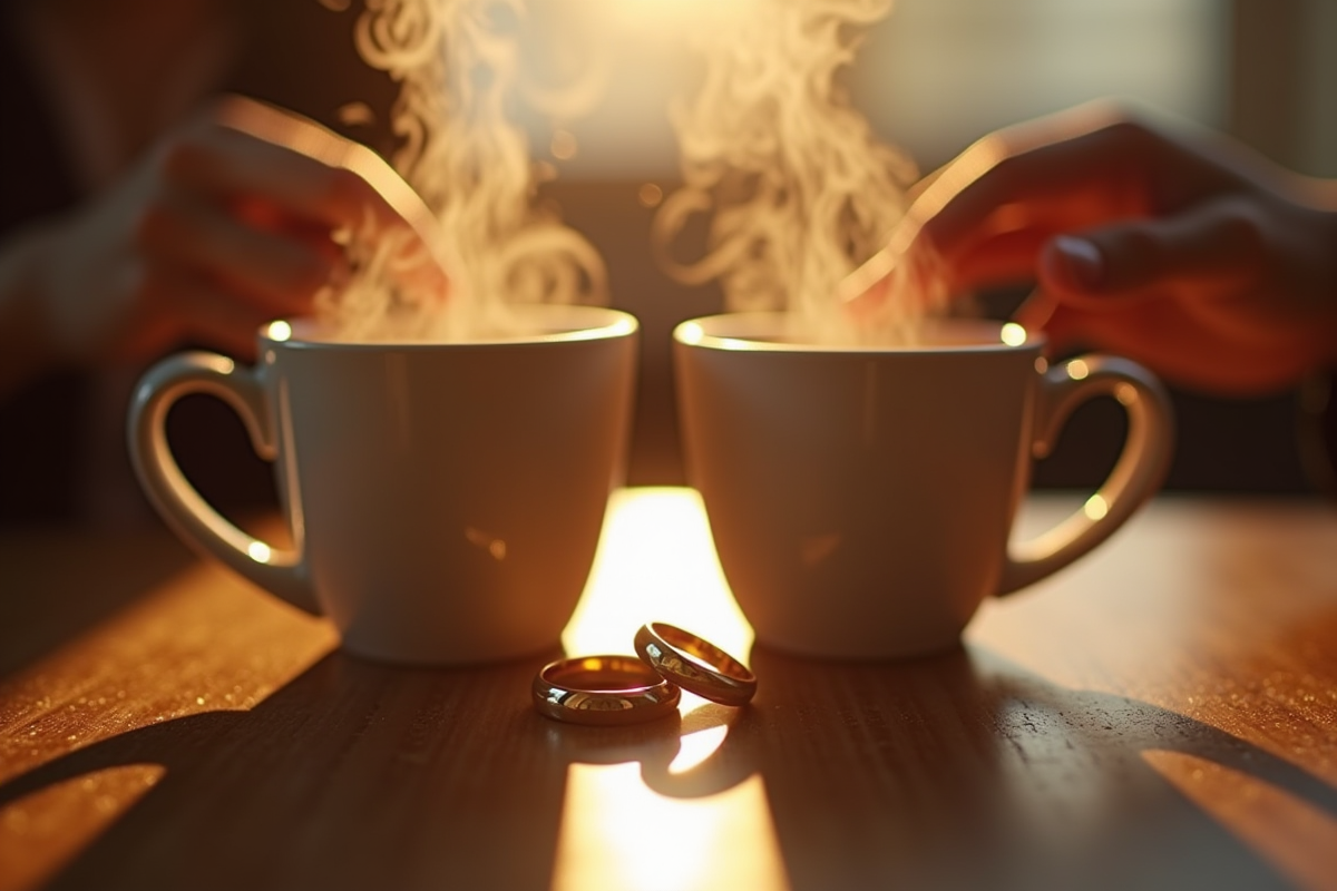 Alliances de mariage sur une table en bois avec tasses de café