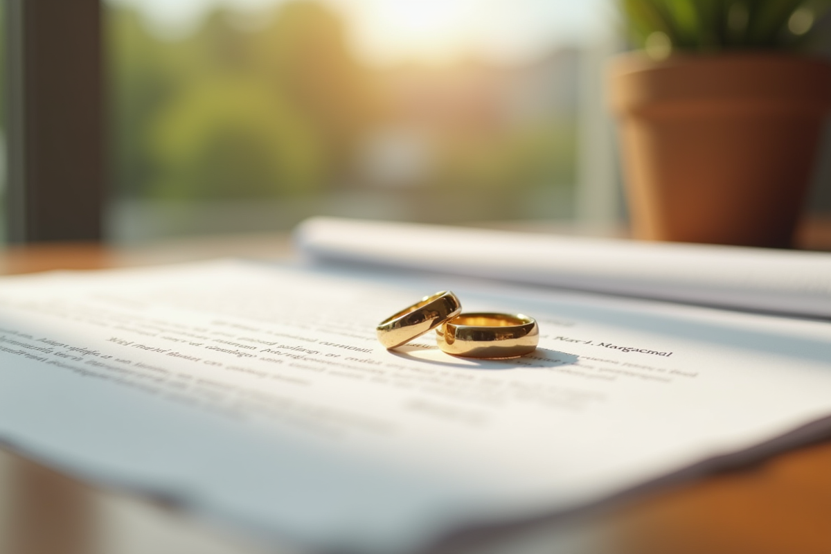 Alliances en or sur documents de mariage sur un bureau en bois