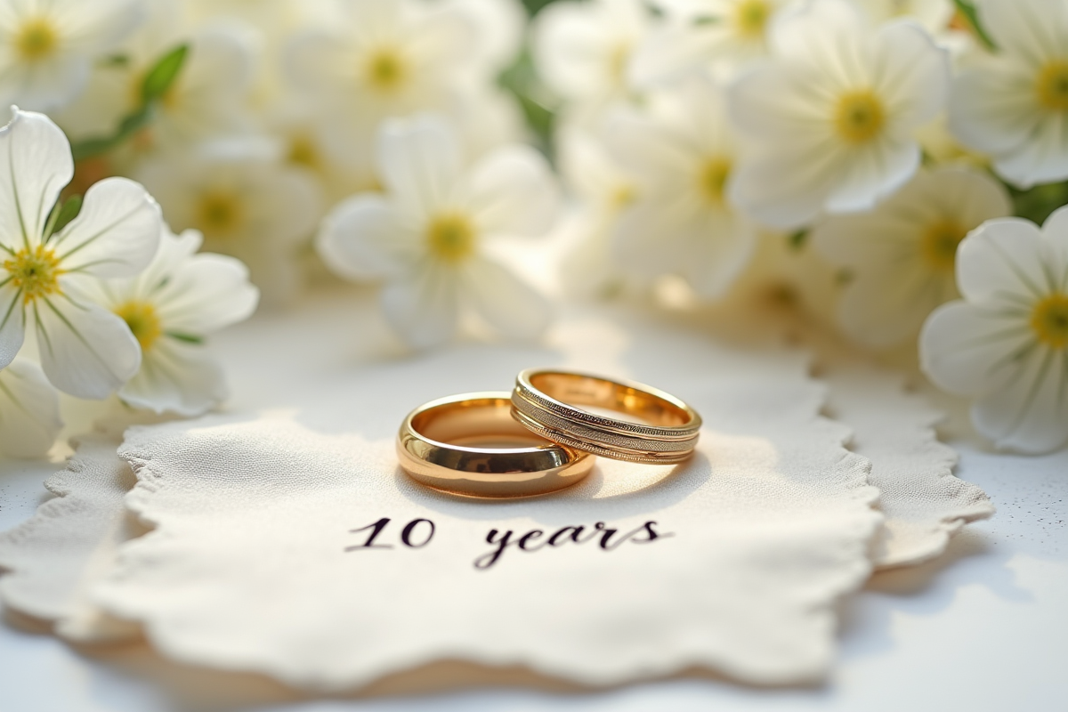 Alliances de mariage sur un linge avec fleurs blanches et note