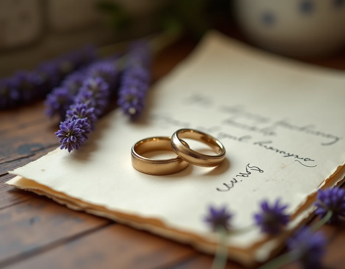 Gros plan sur deux alliances posées sur du papier ancien avec de la lavande séchée lors d'un mariage français