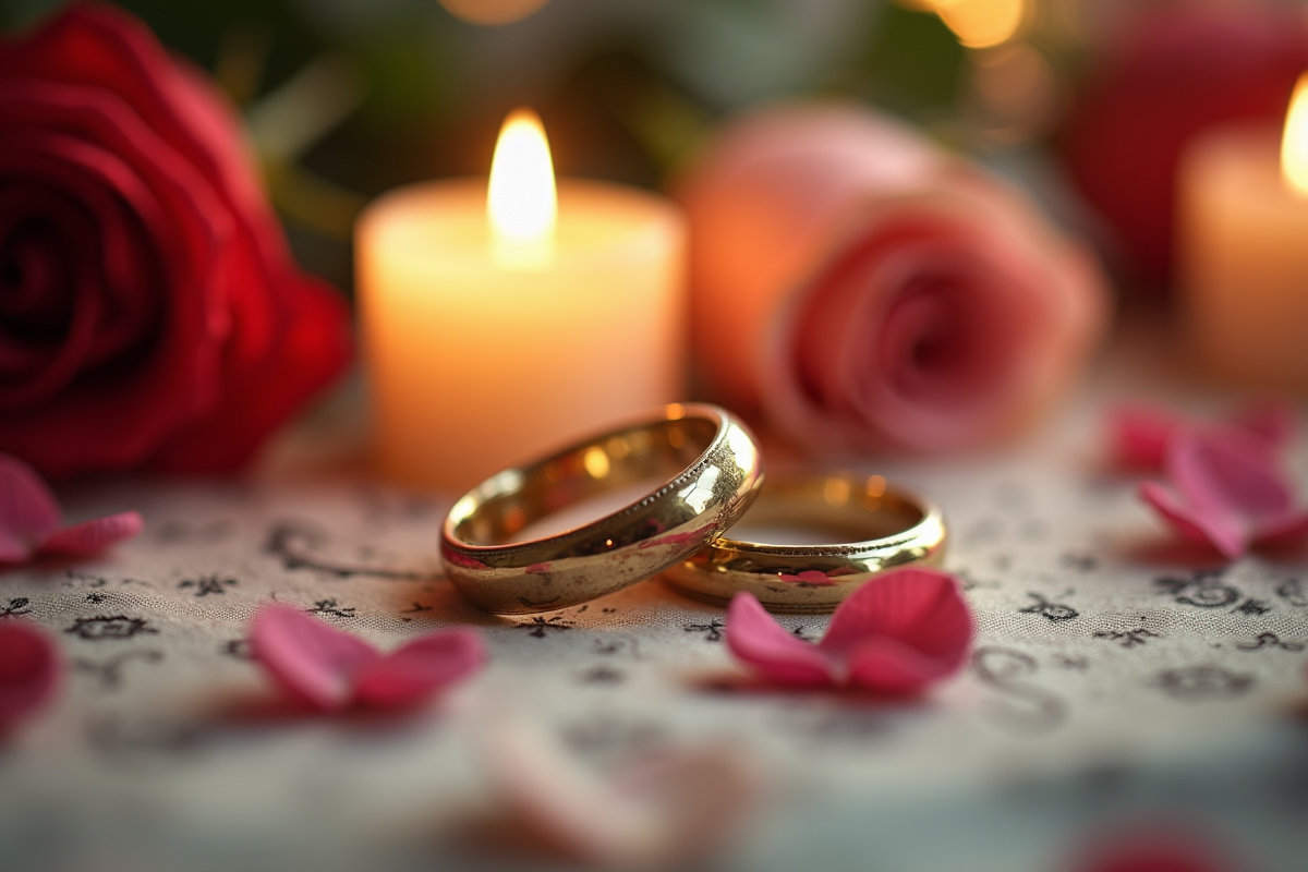 Alliances de mariage sur une nappe vintage avec roses et bougies