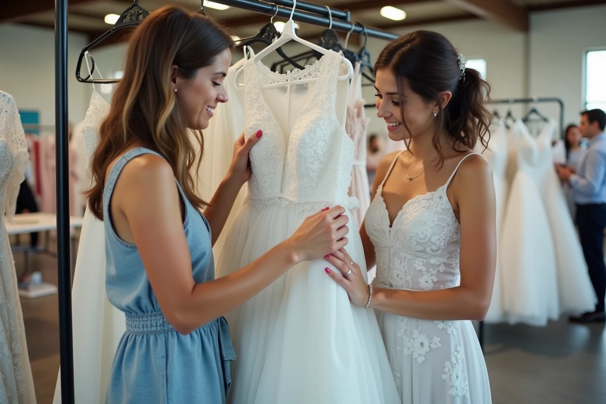 Deux femmes comparant des robes de mariée abordables lors d'un événement d'échange de vêtements alternatif