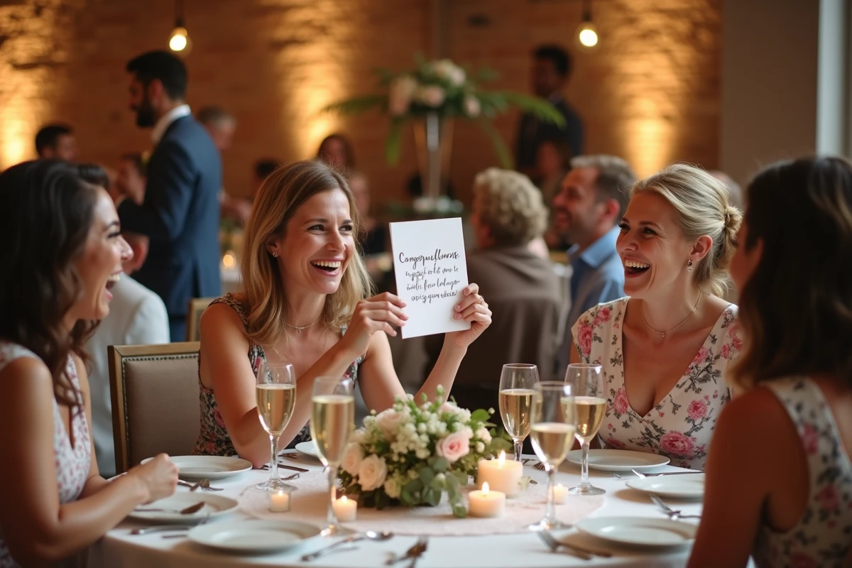 Groupe d'amis hilares partageant une carte de félicitations drôle lors d'une réception de second mariage en intérieur