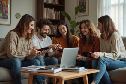 Groupe d'amis autour d'une table à écouter des vinyles