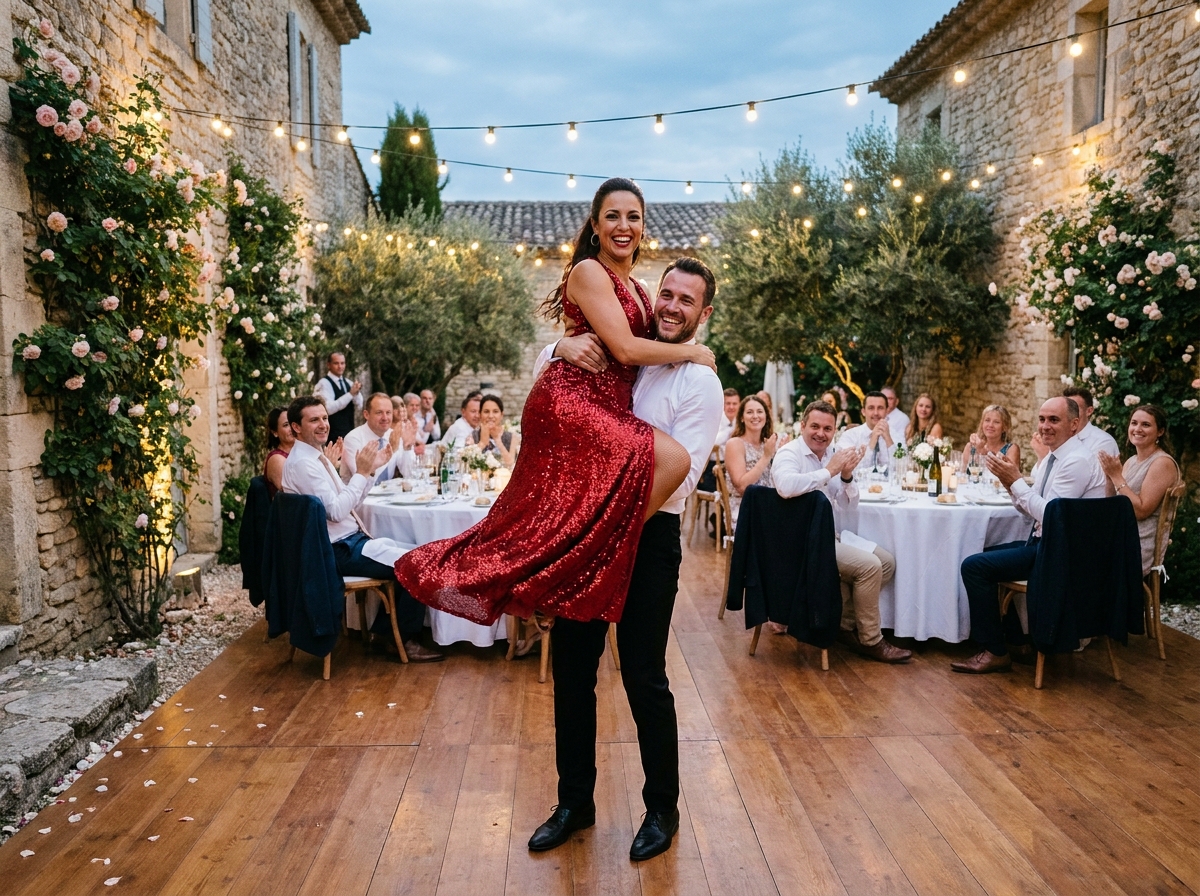 Couple de danseurs de salsa professionnels en pleine performance lors d'une réception de mariage en plein air dans une cour provençale