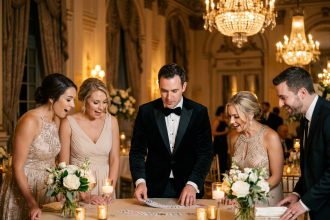 Magicien professionnel en smoking réalisant un tour de cartes devant des invités ébahis lors d'une réception de mariage dans un château