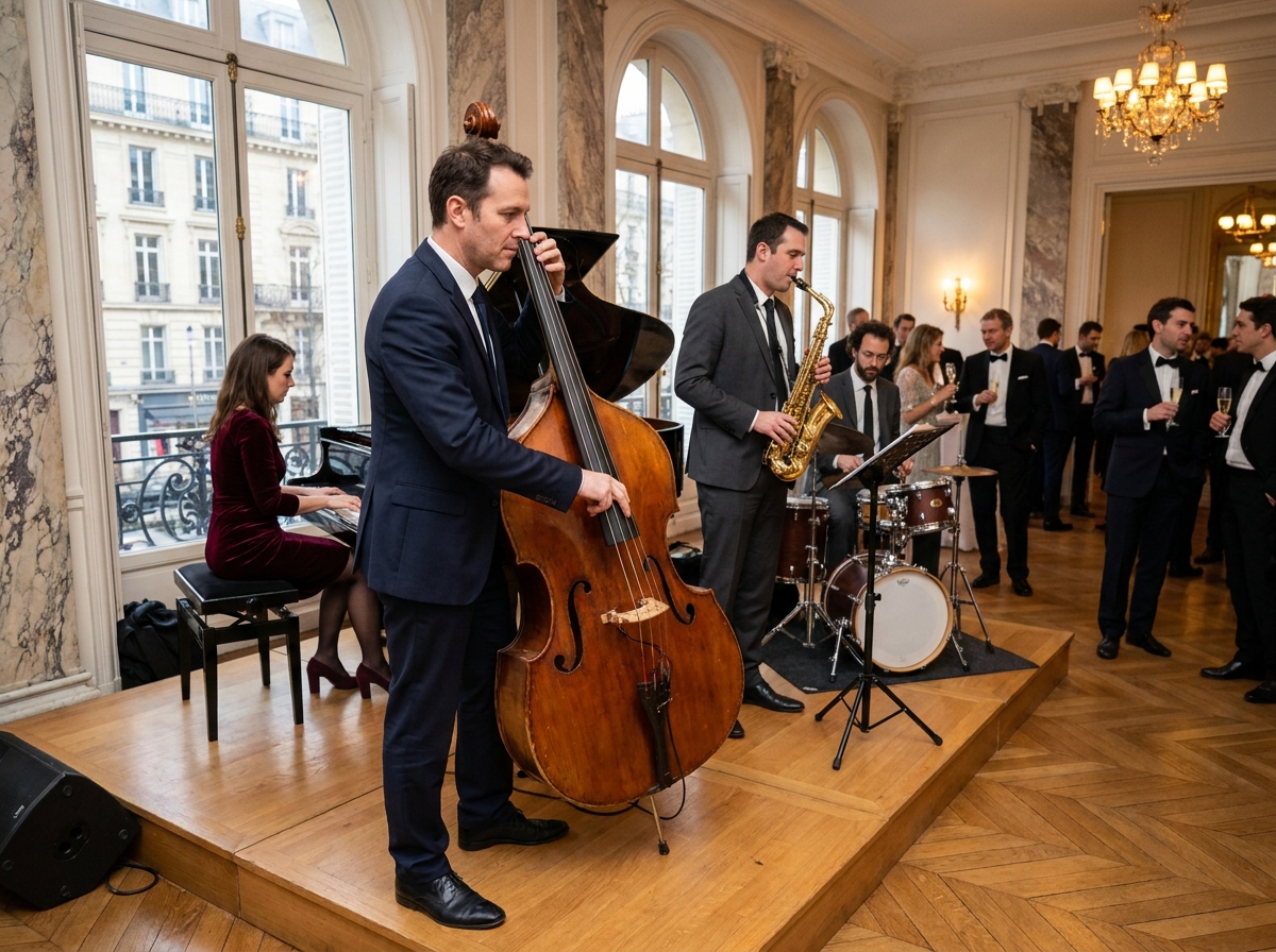 Quatuor de jazz en tenue élégante jouant en live lors d'un cocktail de mariage dans un beau lieu parisien avec invités et coupes de champagne