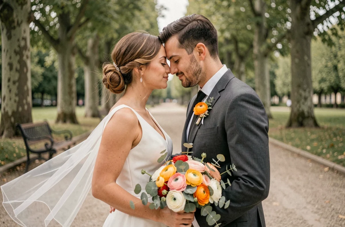 Couple de mariés front contre front dans un jardin public à Juvisy-sur-Orge, reportage Anne R. F. photographe mariage