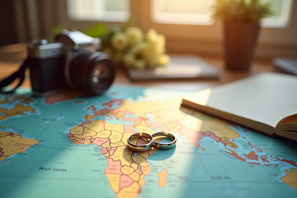 Anneaux de mariage sur une carte du monde avec accessoires de voyage
