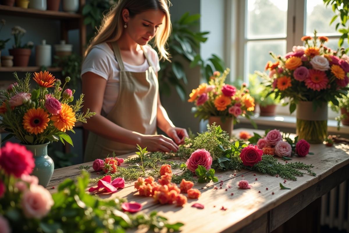 Fleuriste arrangeant des fleurs colorées sur une table en bois
