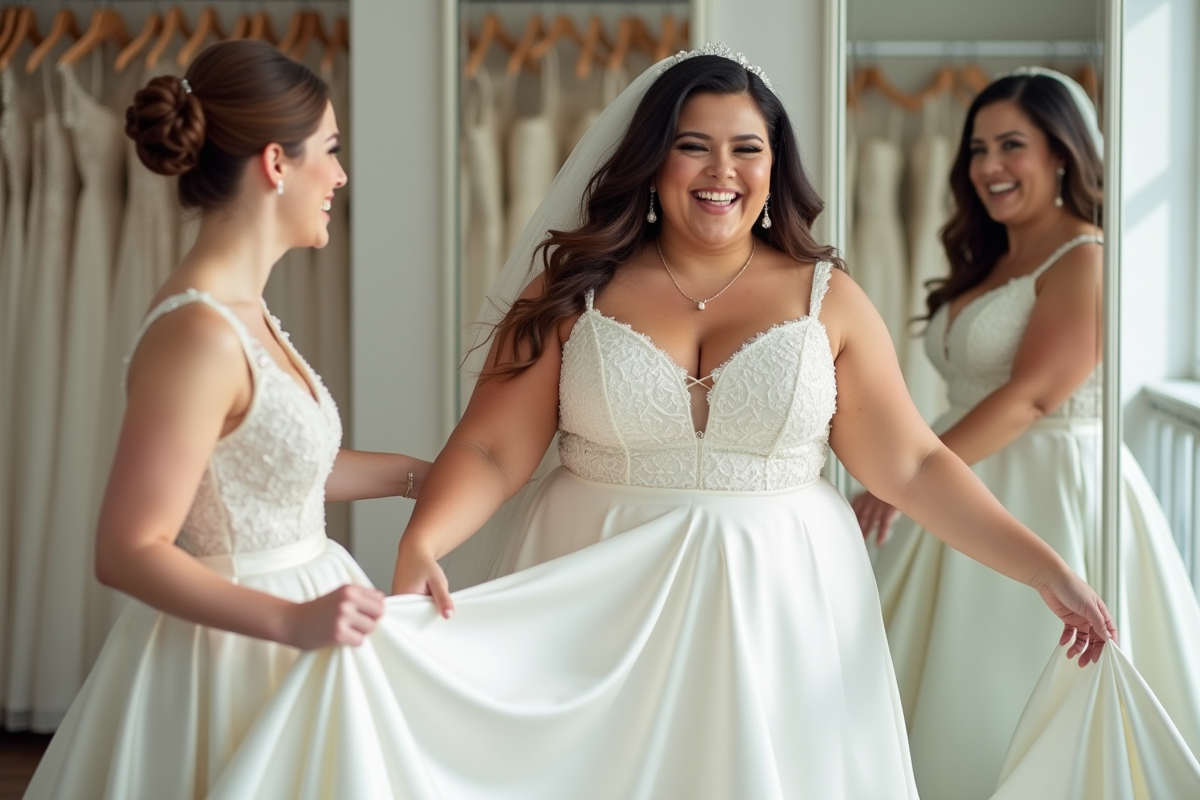 Amie aidant la mariée ajustant sa robe de satin