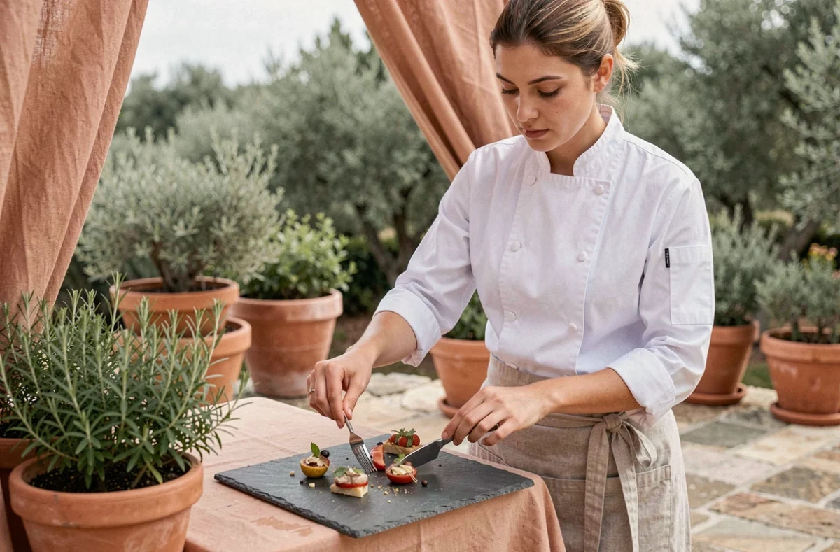 Cheffe cuisinier de l'Atelier Nomade dressant une assiette raffinée lors d'un service traiteur en extérieur dans l'Hérault