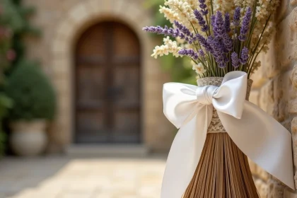 Balai de mariage orné de ruban blanc et dentelle ivoire contre un mur en pierre de château provençal