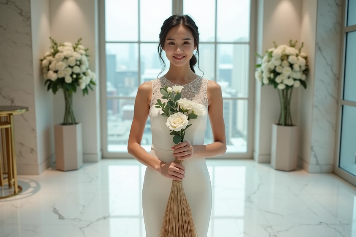 Demoiselle d'honneur tenant un balai de mariage décoré dans une salle de réception moderne et urbaine