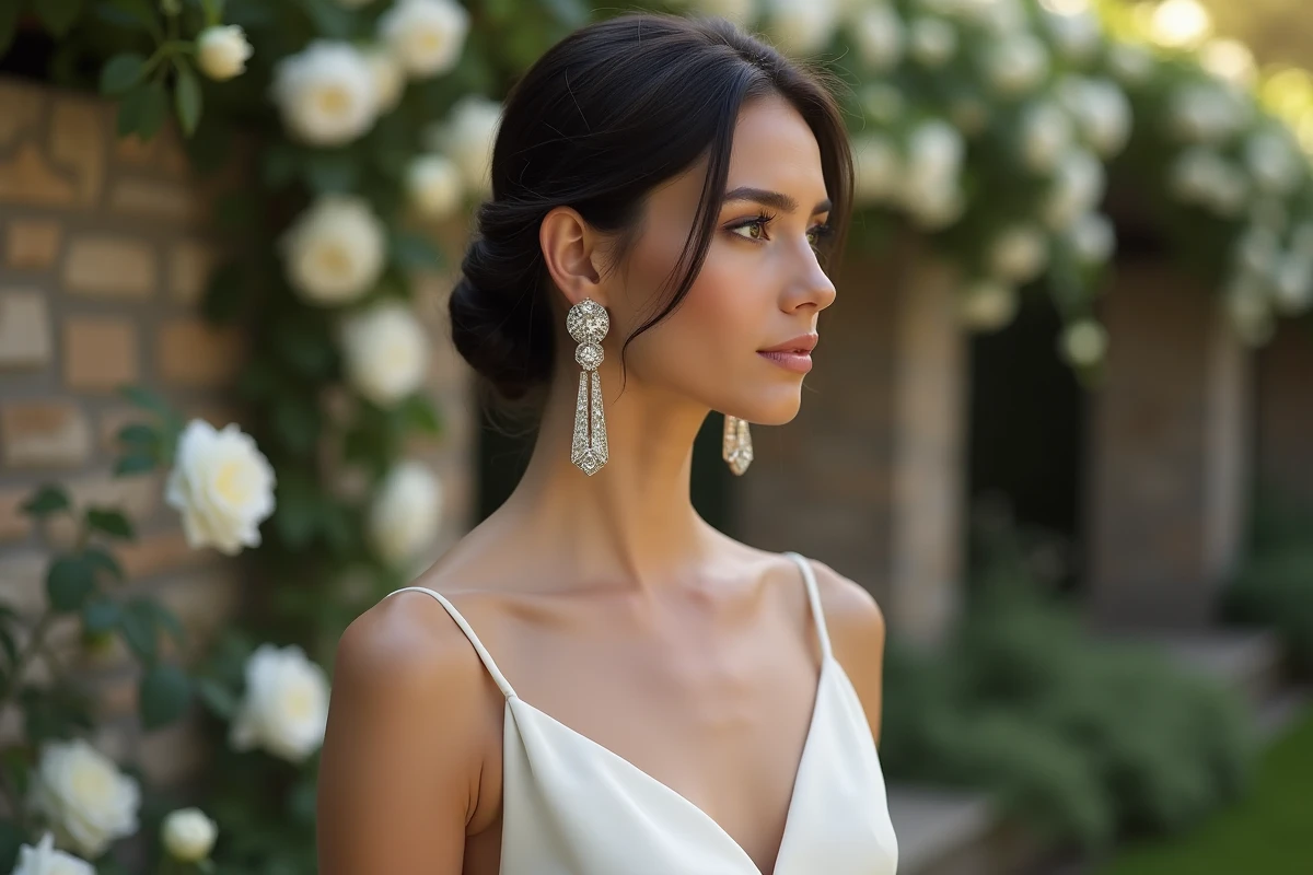 Mariée en robe ivoire portant des boucles d'oreilles pendantes cristal art déco dans un jardin fleuri avec mur en pierre en arrière-plan