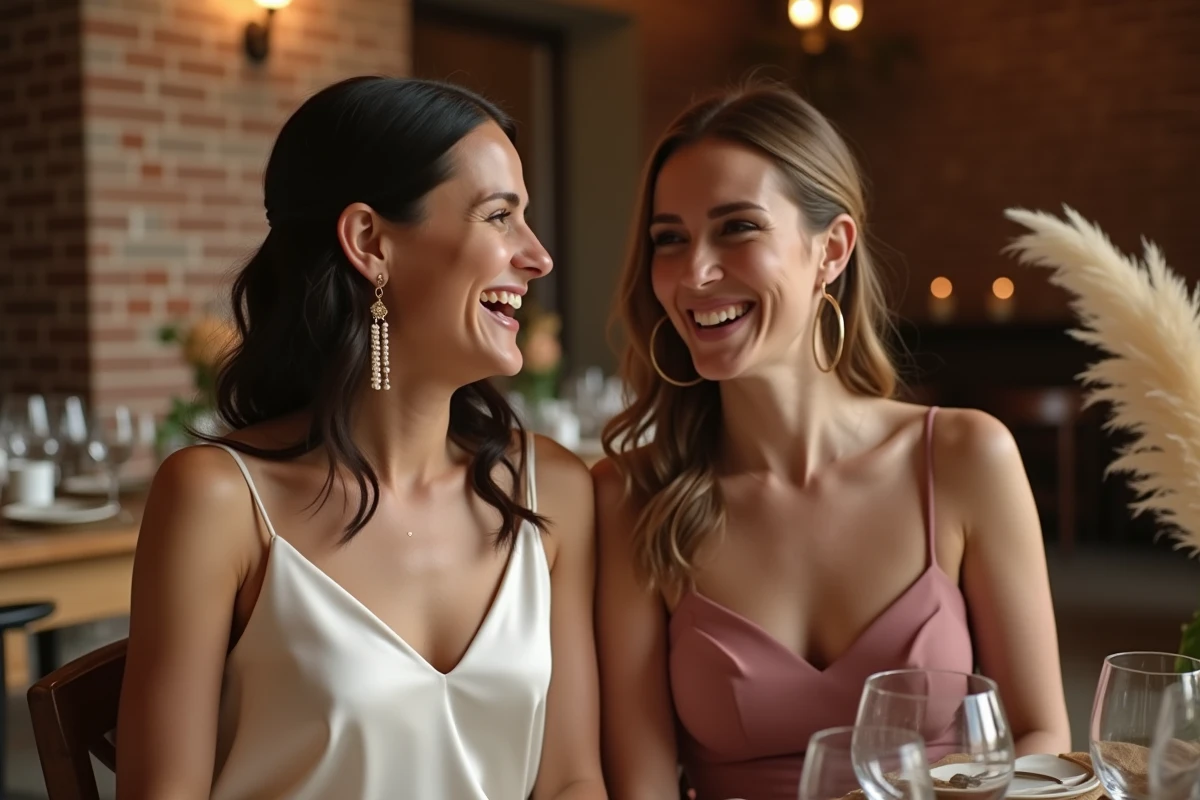 Mariée et demoiselle d'honneur riant ensemble lors d'une réception, la mariée arborant une boucle d'oreille pendante dorée à franges et perles de culture