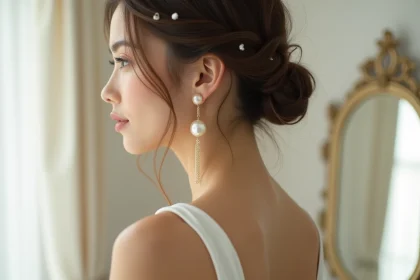 Femme portant une boucle d'oreille pendante perle et or pour un mariage, mise en valeur en gros plan dans un cadre de suite nuptiale élégante