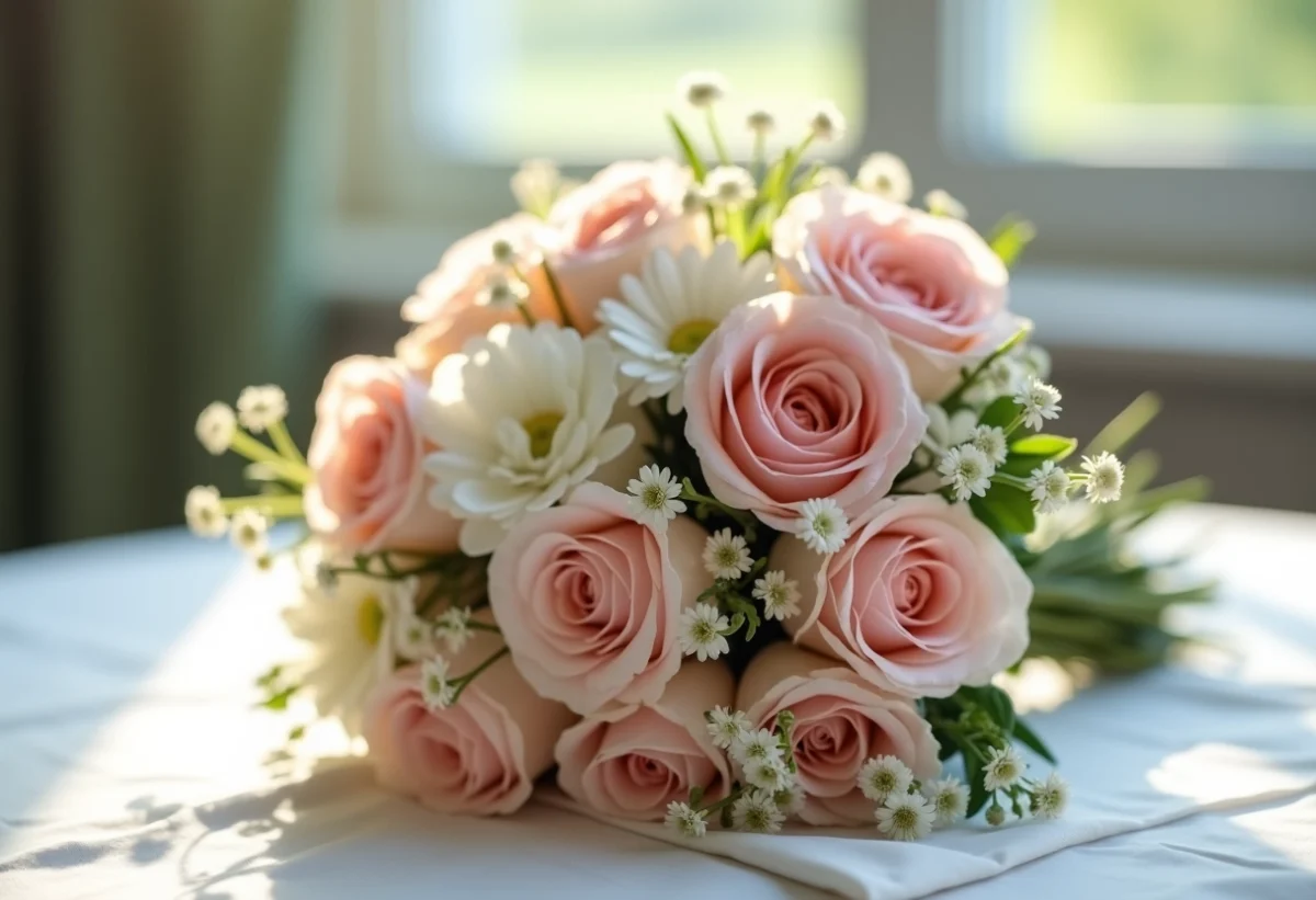Bouquet de mariage pastel posé sur une nappe blanche