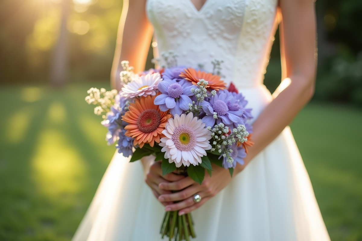 Bouquet de mariée avec fleurs tendance 2025 en jardin ensoleille