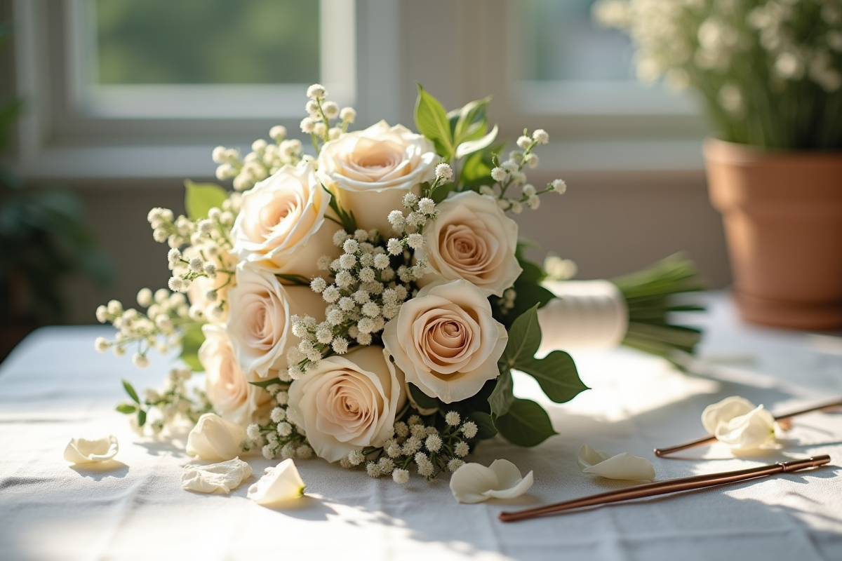 Bouquet de mariage élégant posé sur un linge blanc avec outils