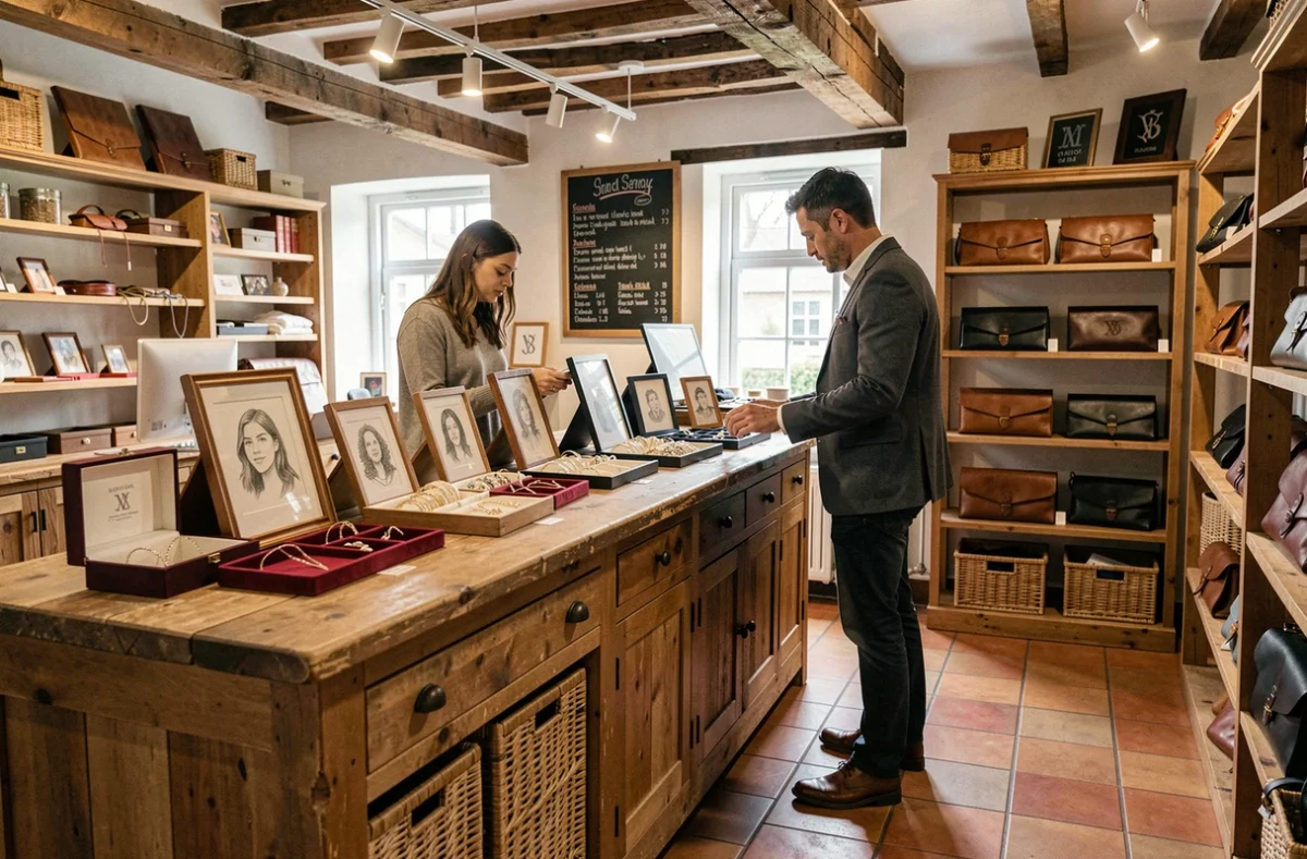 Couple explorant des cadeaux personnalisés pour le PACS dans une boutique artisanale décorée avec des étagères en bois