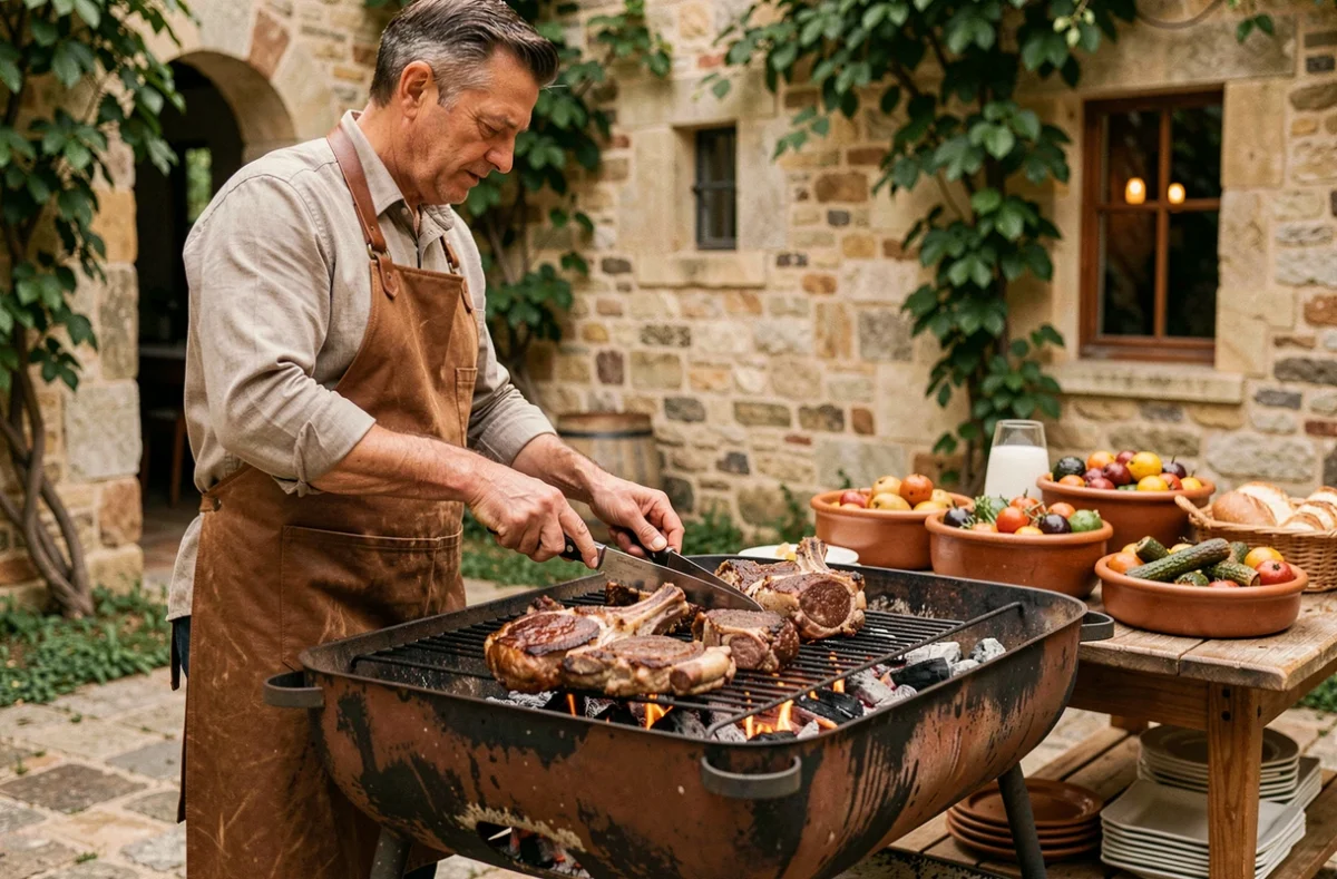 Traiteur de Brasero Gourmand en train de griller des pièces de viande sur un brasero traditionnel lors d'un mariage en plein air dans l'Hérault