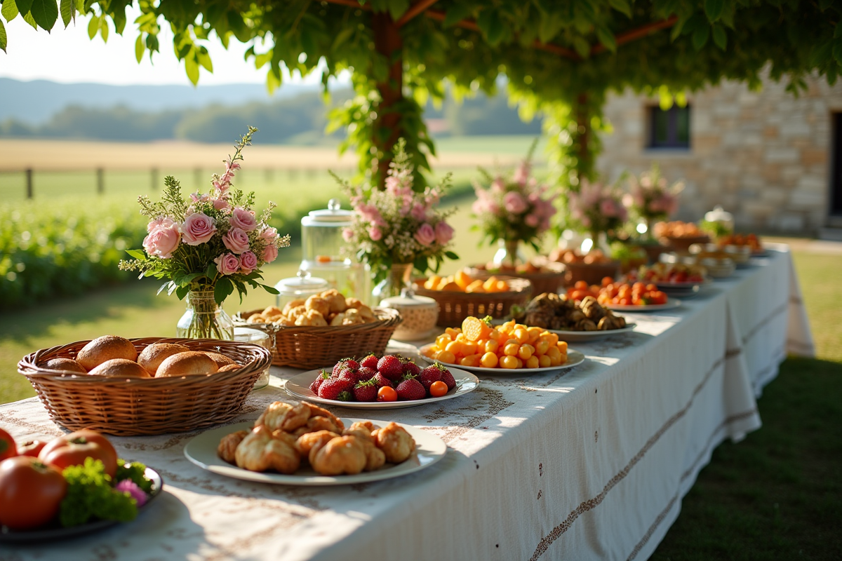 Buffet de mariage champêtre avec plats et fleurs naturelles