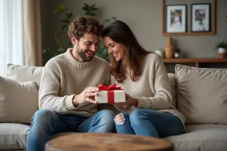 Jeune couple échangeant un cadeau dans un salon chaleureux
