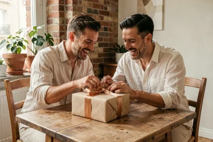 Couple heureux déballant un cadeau personnalisé pour leur PACS dans un appartement parisien chaleureux