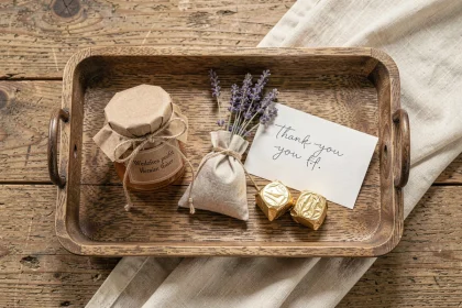 Plateau en bois rustique avec cadeaux gourmands pour témoins de mariage : bocal de miel artisanal, sachets de lavande et chocolats dorés