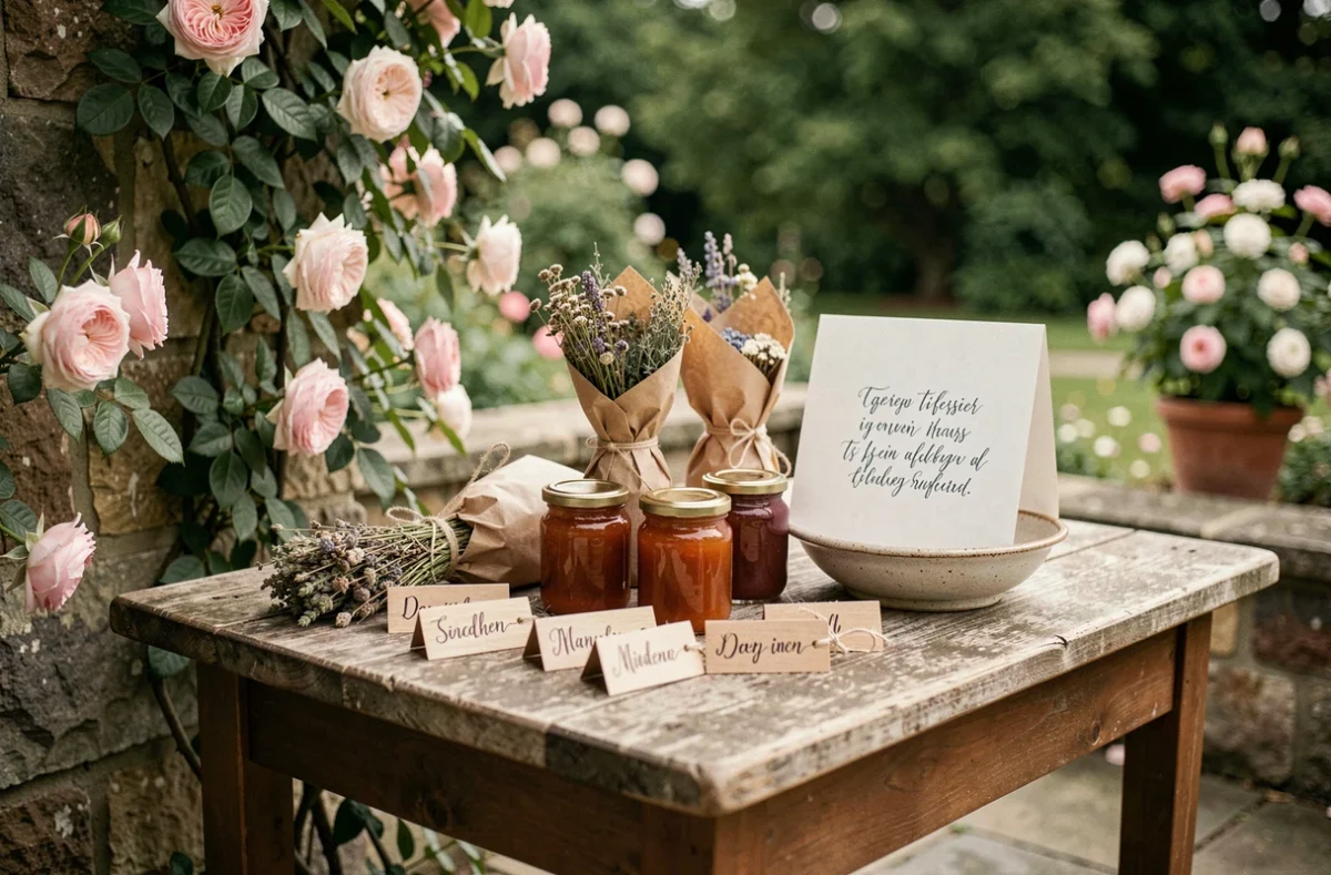 Table de mariage en terrasse avec assortiment de cadeaux gourmands pour témoins : confitures artisanales, herbes séchées et étiquettes personnalisées