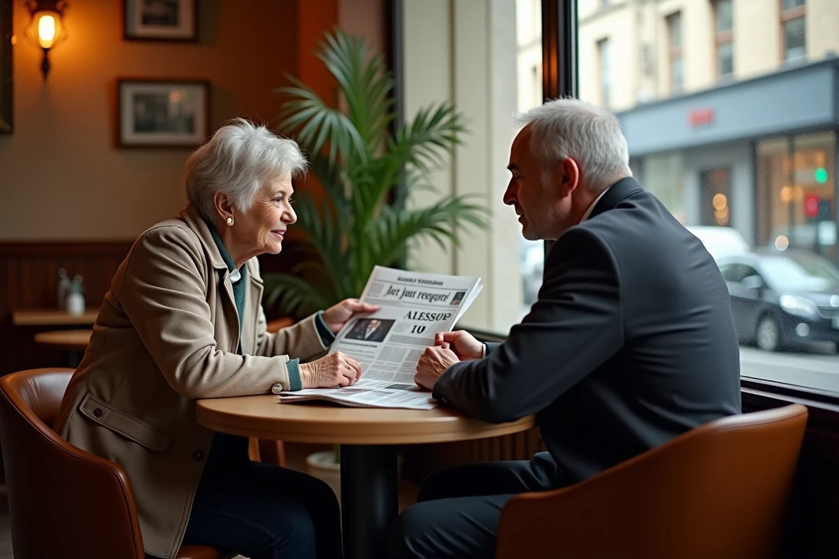Couple discutant autour d un café avec journal mariage