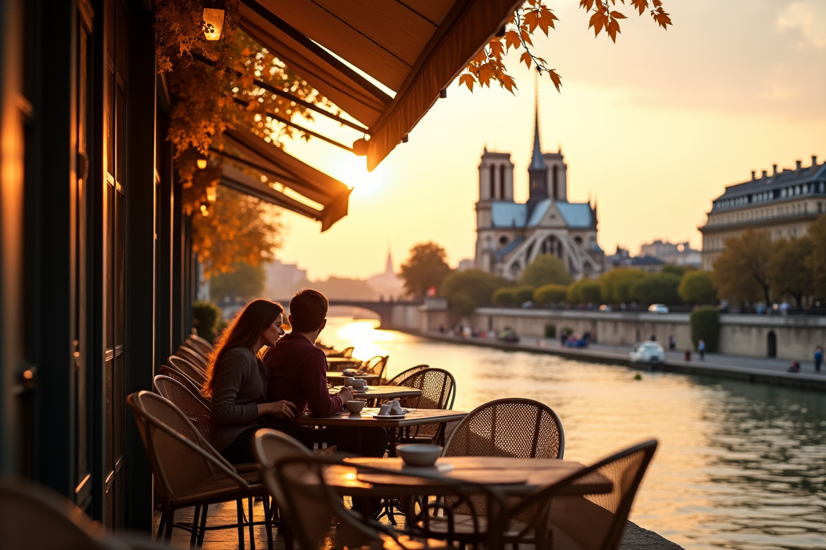 Couple assis au café avec vue sur la Seine à Paris