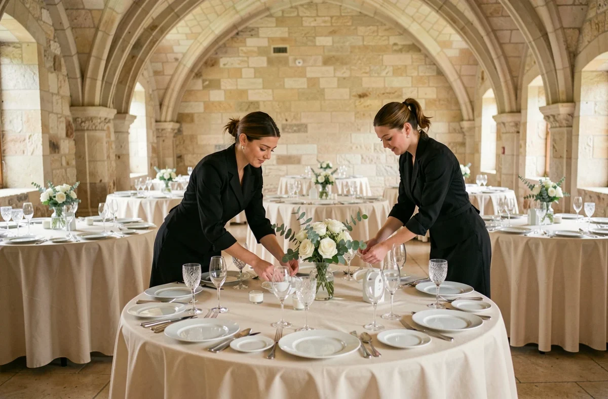 Salle de réception élégamment dressée par Camille Réceptions pour un mariage dans l'Hérault, avec nappage ivoire et vaisselle fine