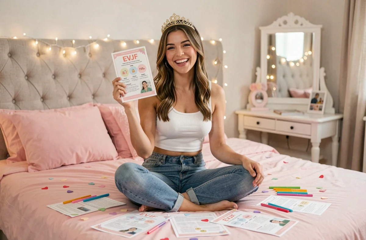 Future mariée tenant une carte de jeu EVJF imprimée sur un lit décoré lors d'un enterrement de vie de jeune fille