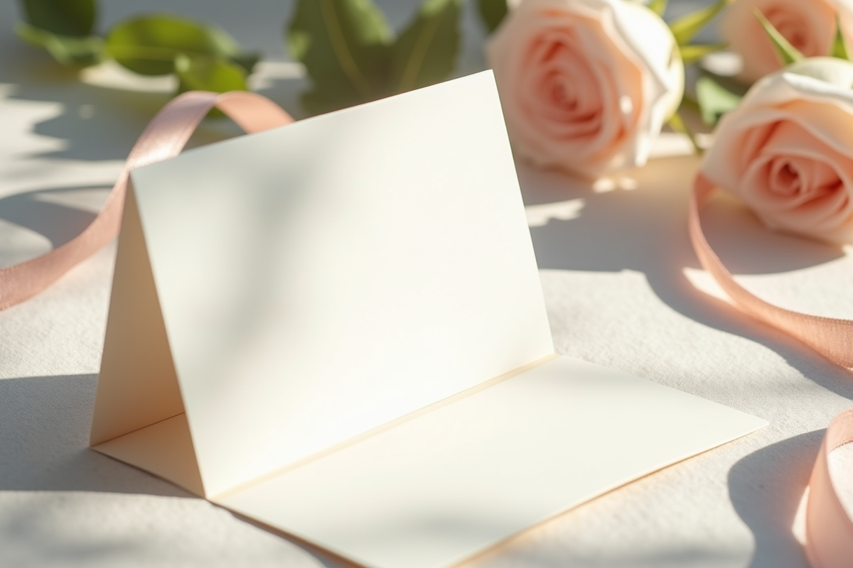 Carte de mariage ouverte avec roses pastel et feuillage en lumière douce