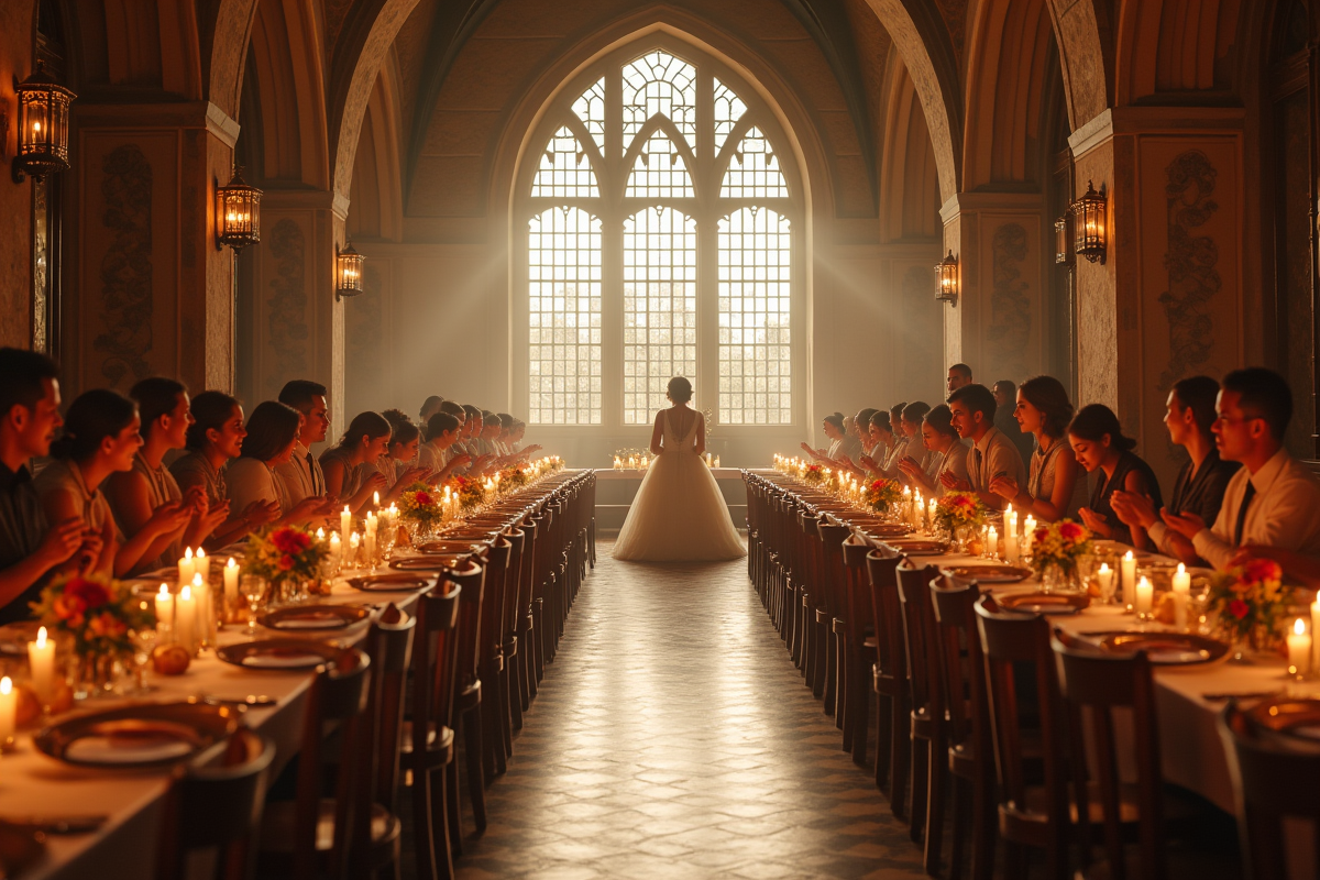 Fête de mariage dans une salle historique avec tables décorées