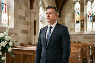 Homme en costume sombre debout à l'autel lors d'une cérémonie de mariage dans une église en pierre