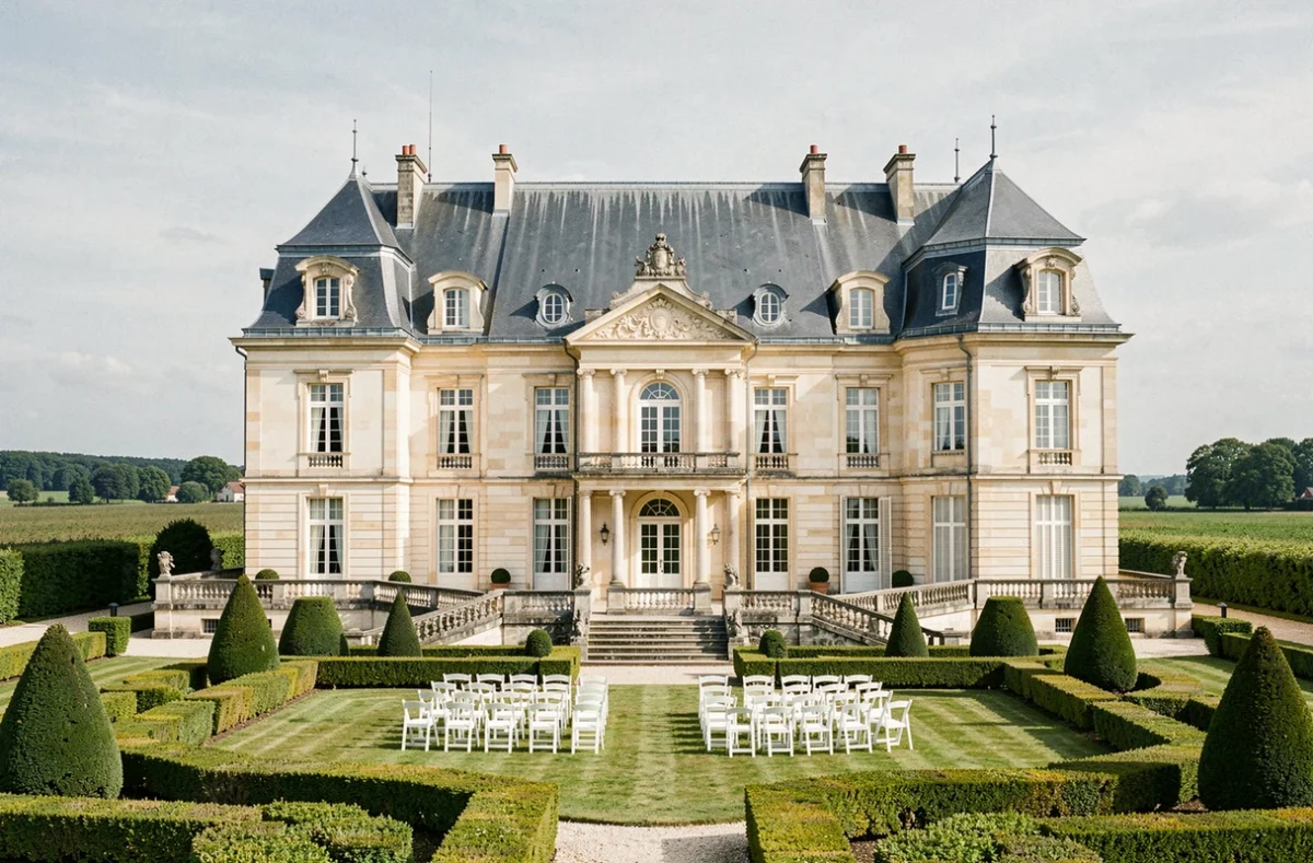 Château Camiac en Entre-Deux-Mers, architecture Second Empire avec toiture en ardoise et cérémonie de mariage installée sur la terrasse face aux jardins à la française