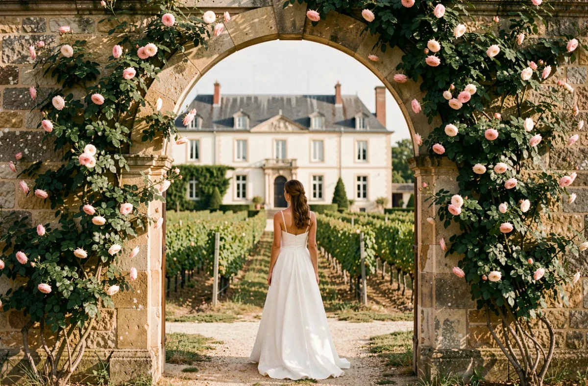 Château de Chanet près de Libourne, arche en pierre couverte de roses encadrant une mariée en robe blanche avec vignobles bordelais en arrière-plan