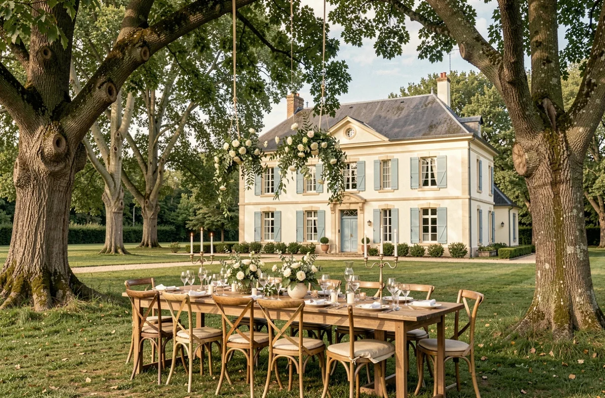 Château de Fondat dans les Landes, maison de maître du XIXe siècle avec parc arboré et longue table de banquet de mariage dressée sous les châtaigniers
