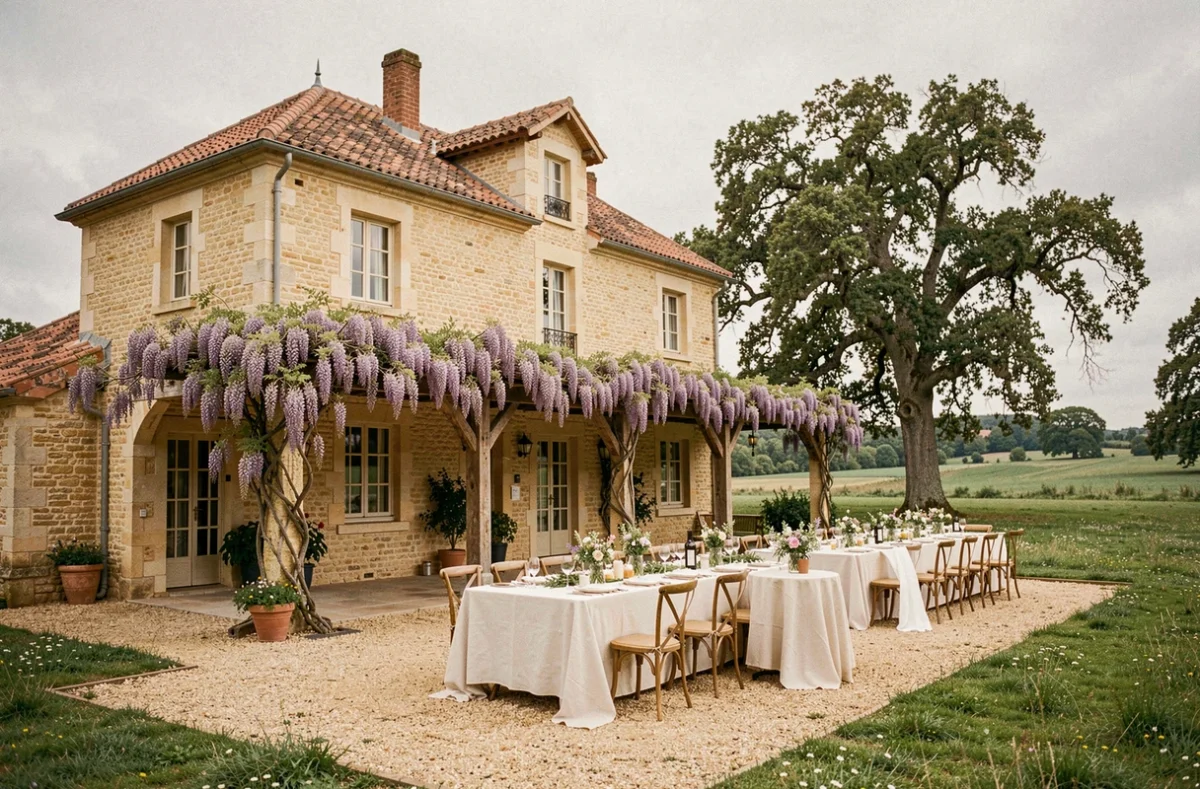 Château de la Pouyade en Charente avec terrasse en pierre couverte de glycine et table de réception de mariage en extérieur
