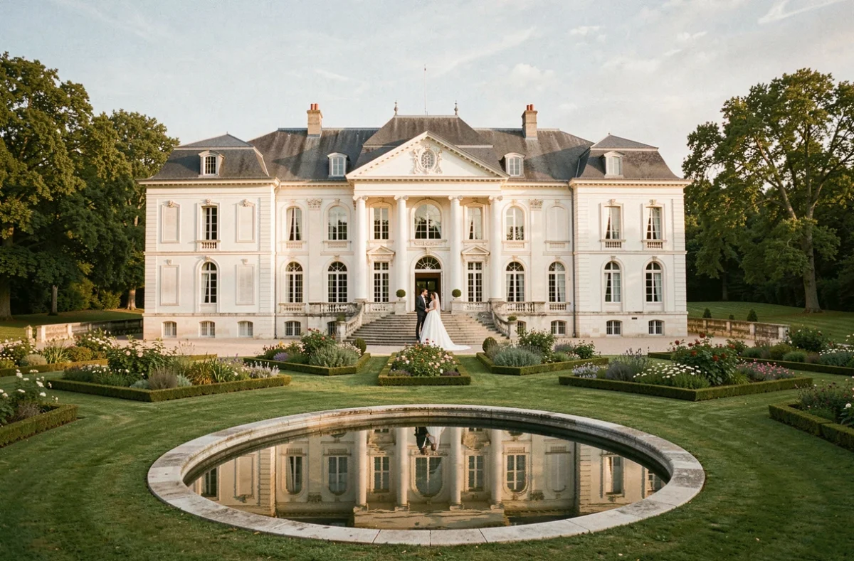 Château Giscours à Labarde, façade néoclassique en pierre blanche avec jardin à la française et couple de mariés sur les marches