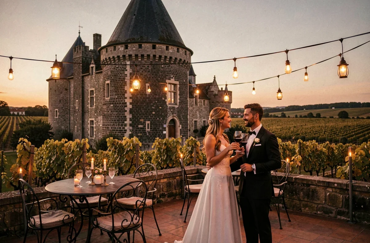 Château Lamothe du Prince Noir en Gironde, tour médiévale en pierre sombre avec terrasse viticole décorée de lanternes et couple de mariés trinquant au crépuscule