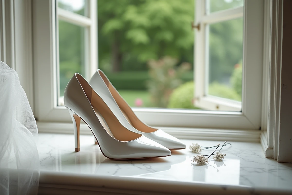 Paire de chaussures de mariage blanches sur une fenêtre en marbre