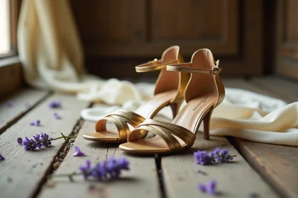 Chaussures de mariée dorées à brides posées sur un plancher en bois rustique avec des pétales de lavande séchée pour un mariage champêtre
