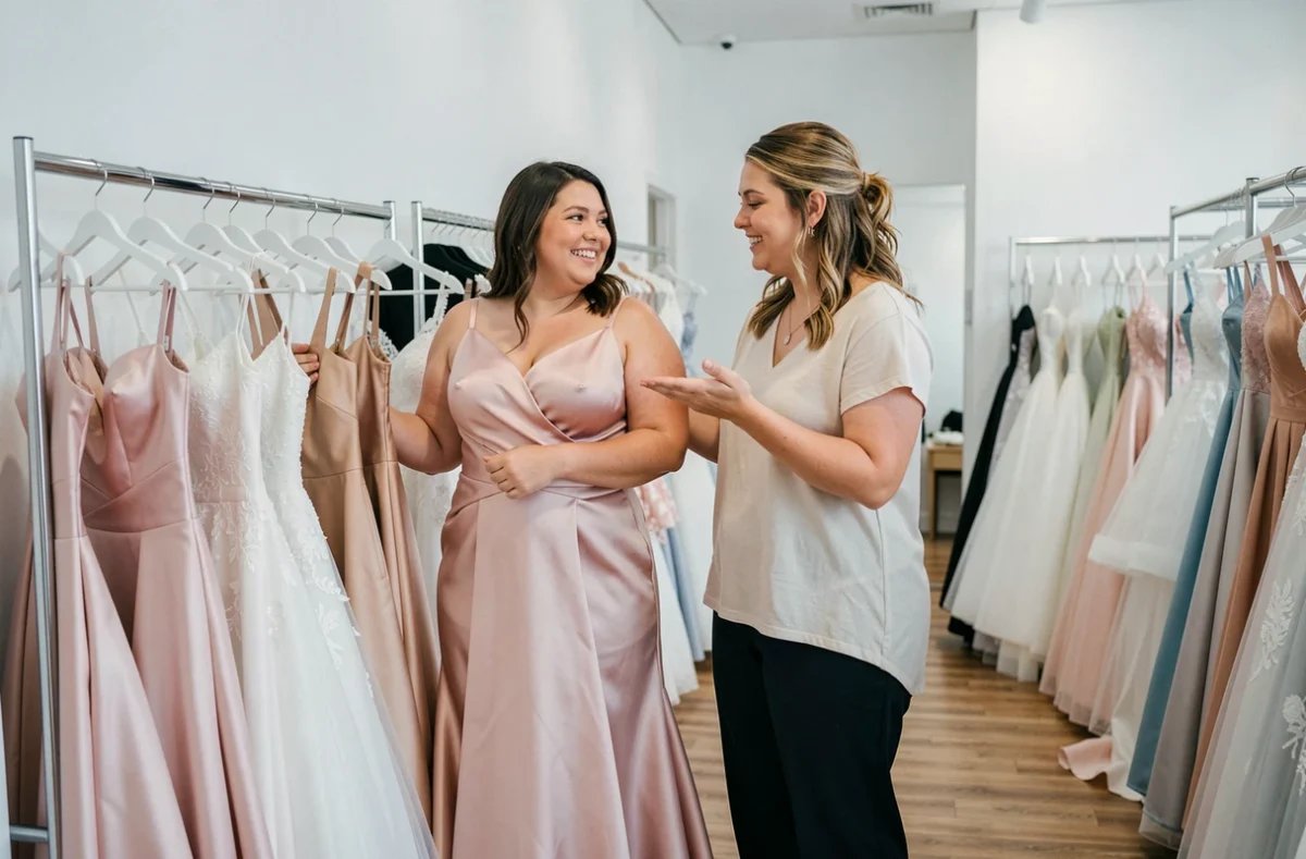 Deux femmes grandes tailles choisissant des robes de mariée ensemble dans une boutique moderne