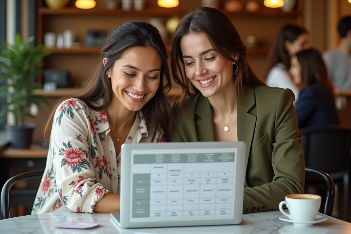 Future mariée et wedding planner comparant des tarifs et des offres sur un ordinateur portable dans un café, lors d'une réunion de sélection de prestataire