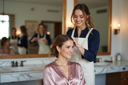 Coiffeuse professionnelle réalisant un chignon élaboré pour une demoiselle d'honneur dans un salon de coiffure le jour du mariage